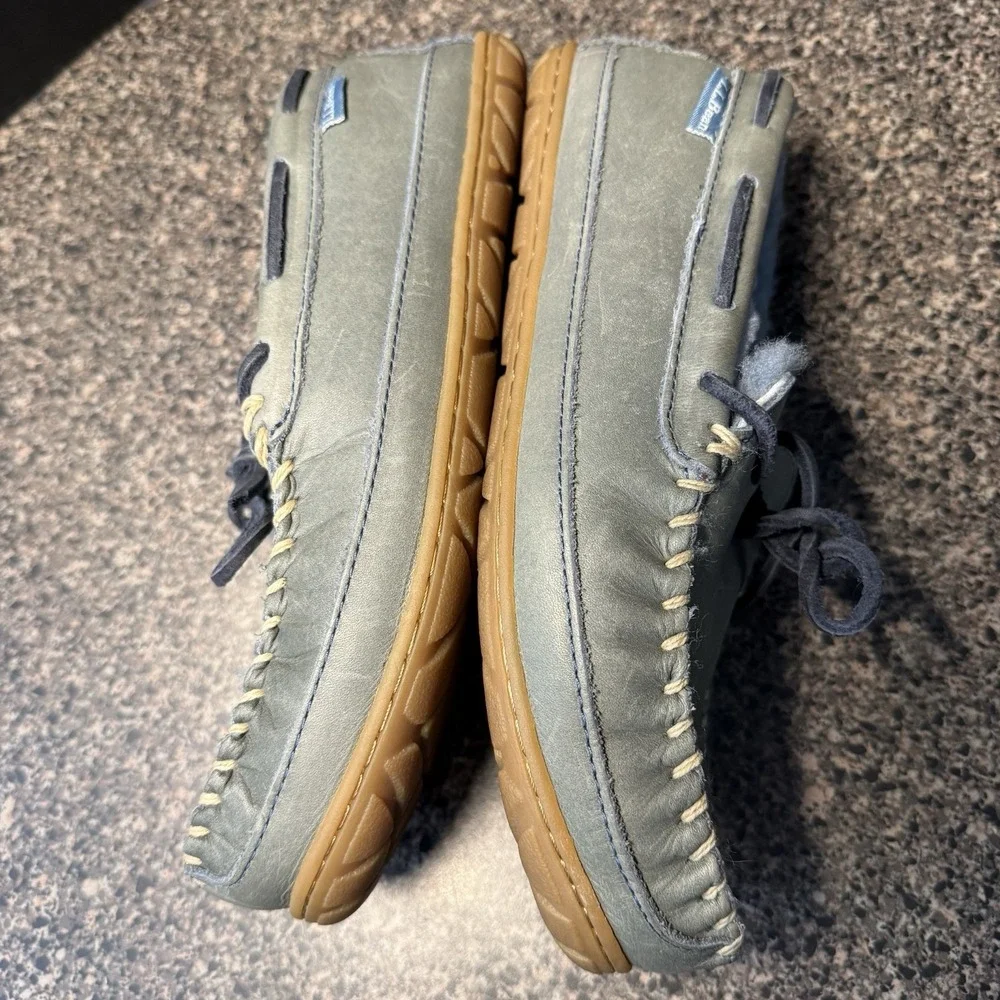 LL Bean Wicked Good Slippers Womens 8 Blue Gray Suede Moccasins Shearling Lined - Picture 7 of 15